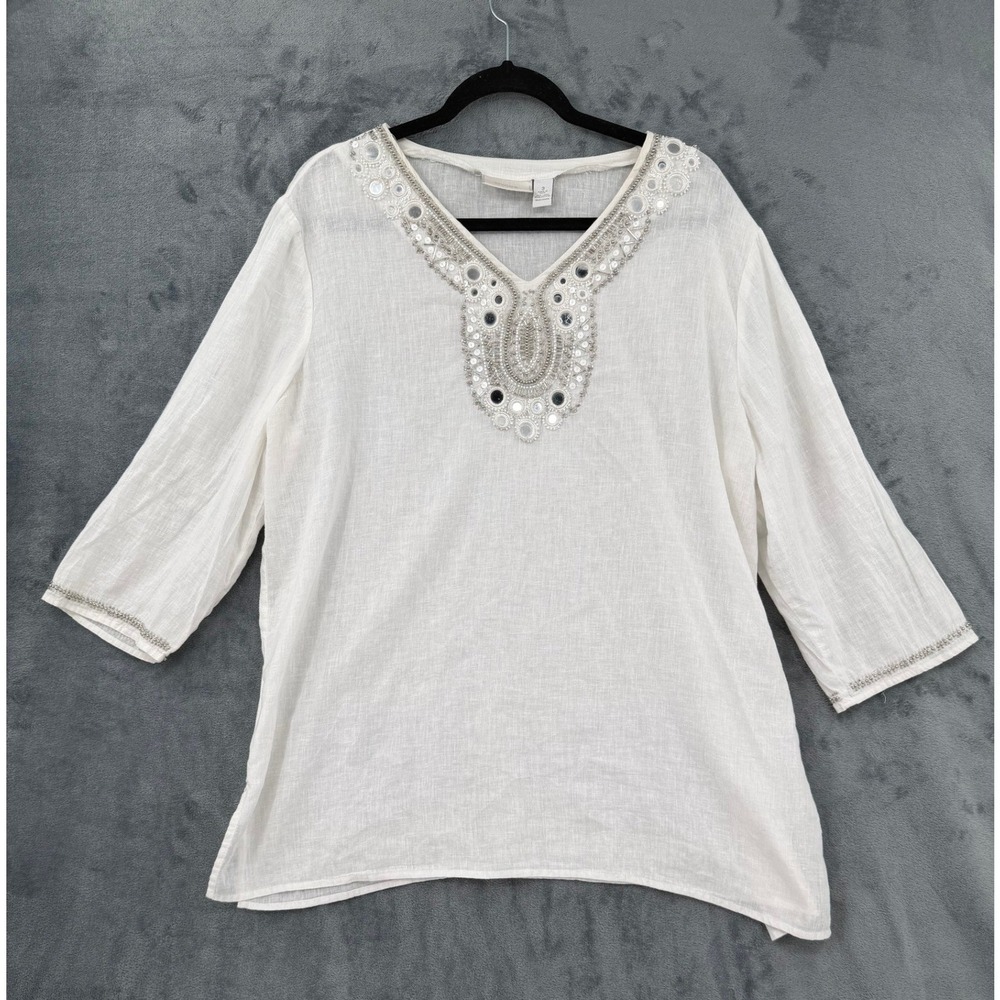 Chicos Top Womens Size 3 XL Linen Beaded Boho Coastal Resort Beach Vacation